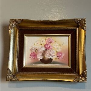 Elegant Gold Frame with Floral Art - Pink and White Flowers